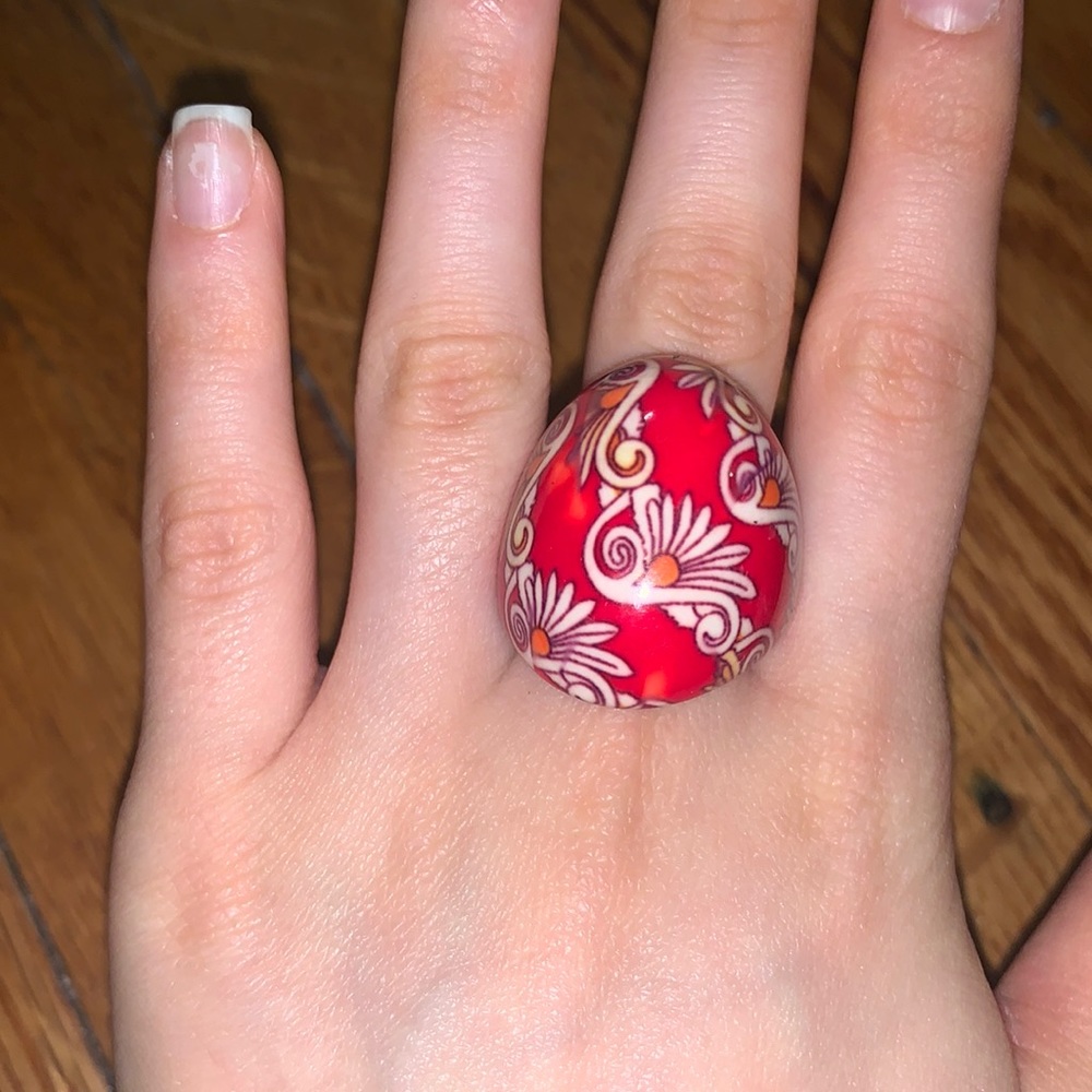 Red Floral Print Resin Ring